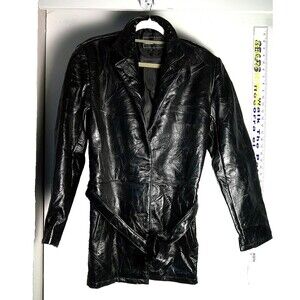 Leather Works Women's Jacket L Long patchwork trench coat black w tie button up